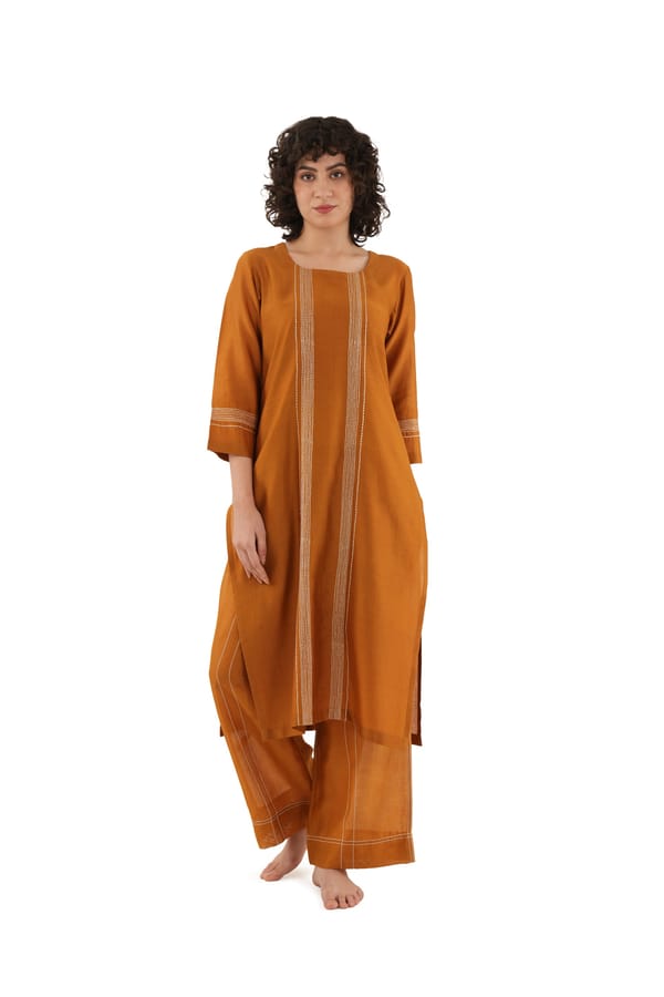 Rust Chanderi Silk Kurta and Wide-Leg Pants Co-ord Set — Khat