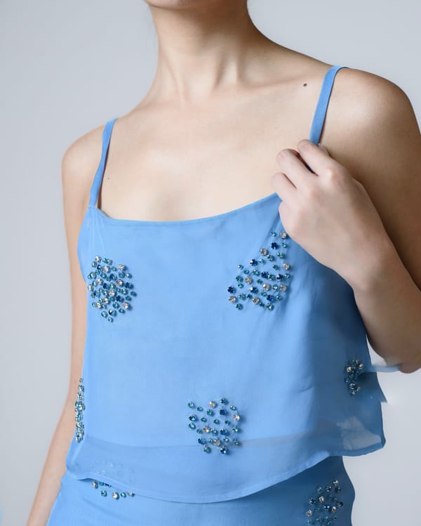 True Blue Hand-Embellished Organza Camisole Top — MAGIA