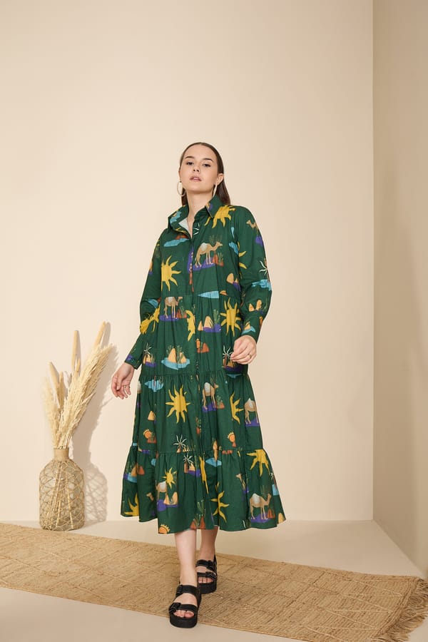 Green Printed Tiered Midi Shirt Dress with Belt — GAIMA LABEL