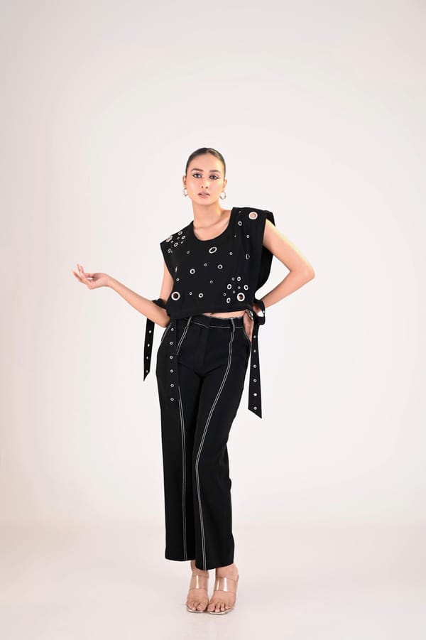 Black Denim Eyelet Bib Top with Side Tie-Ups — Veera Wear