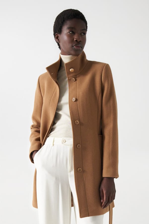 Dark Beige Wool-Blend Belted High-Neck Coat — SALSA JEANS