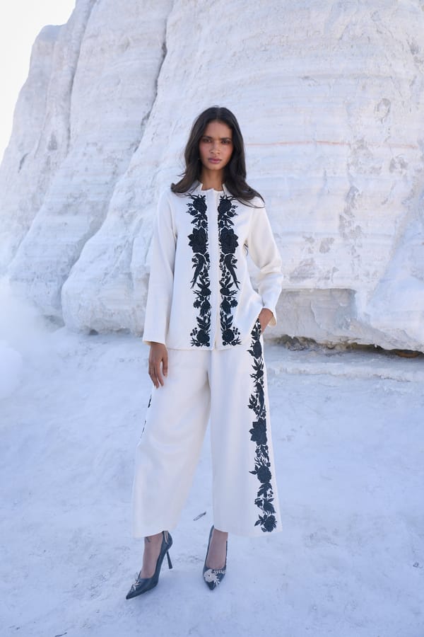 Ivory Wide-Leg Trousers with Black Embroidered Panels — Dash and Dot