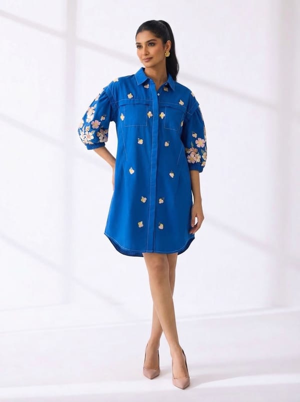 Electric Blue Embroidered Mini Shirt Dress — RUCHIKA MALLIKA LABEL