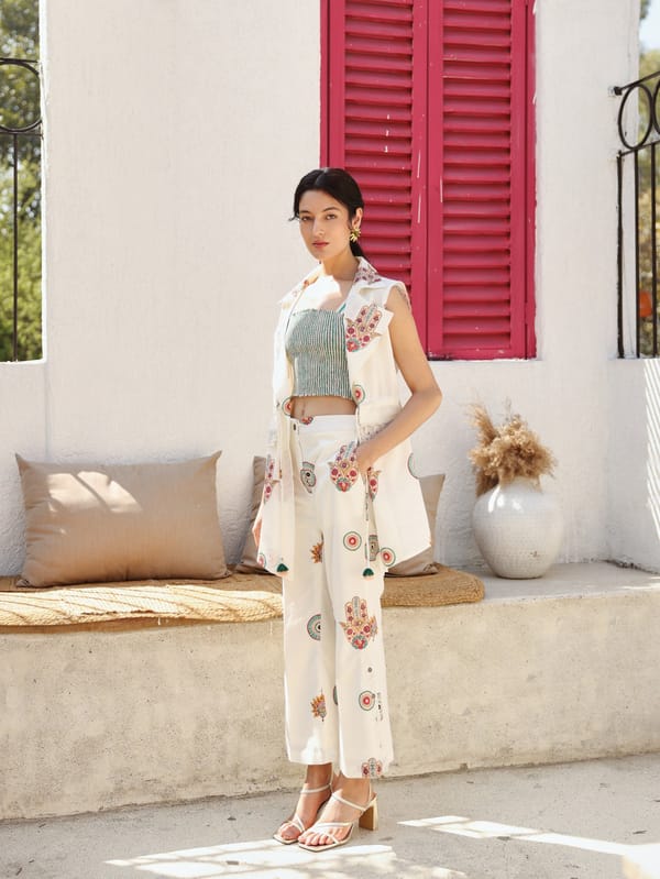 Peach & Green Hamza Print Jacket Set — TASHA INDIA
