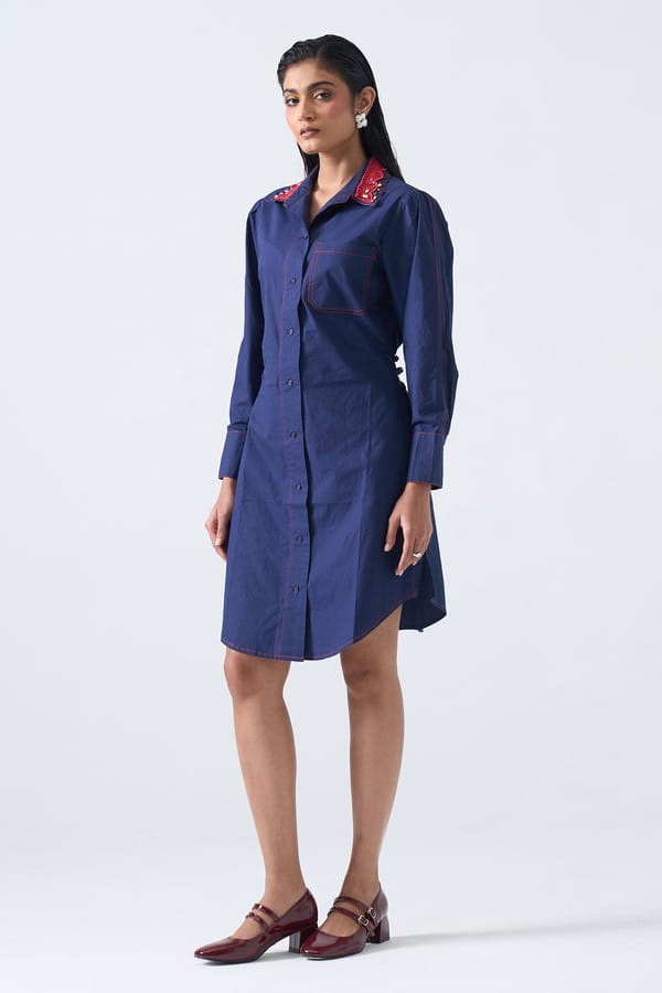 Blue Cotton Shirt Dress with Embellished Collar — STITCH STORIES