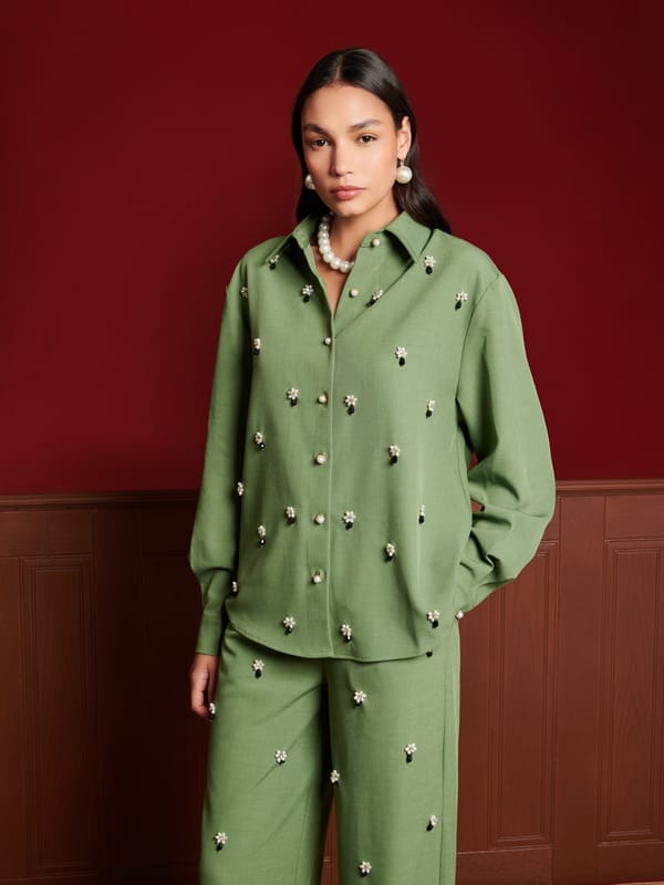 Olive Green Embellished Button-Down Shirt — SISTER JANE