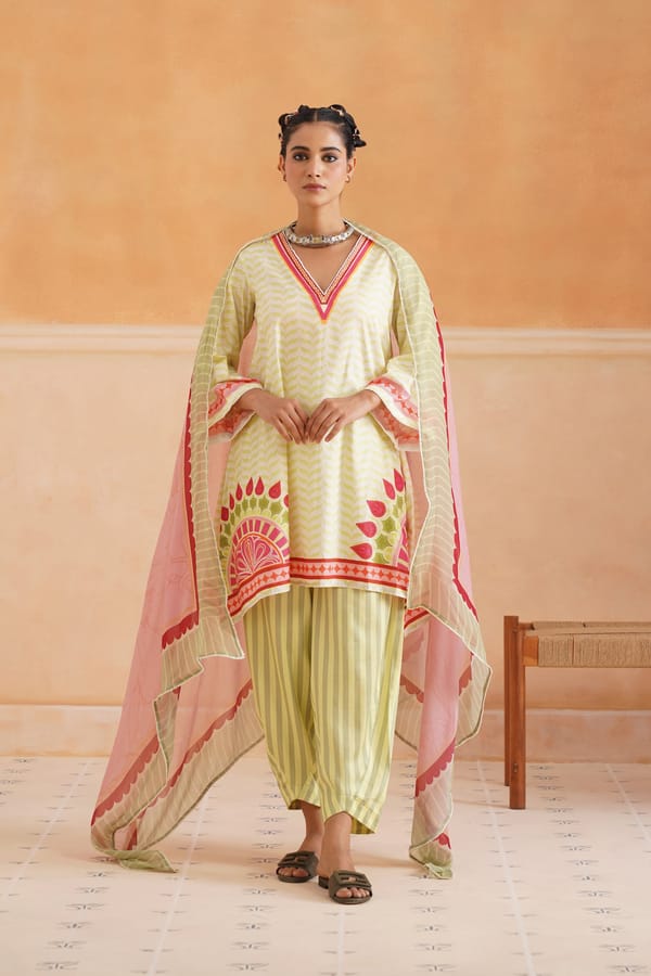 Lime Yellow Printed V-Neck Kurta Set with Dupatta — NEETIKA CHOPRA