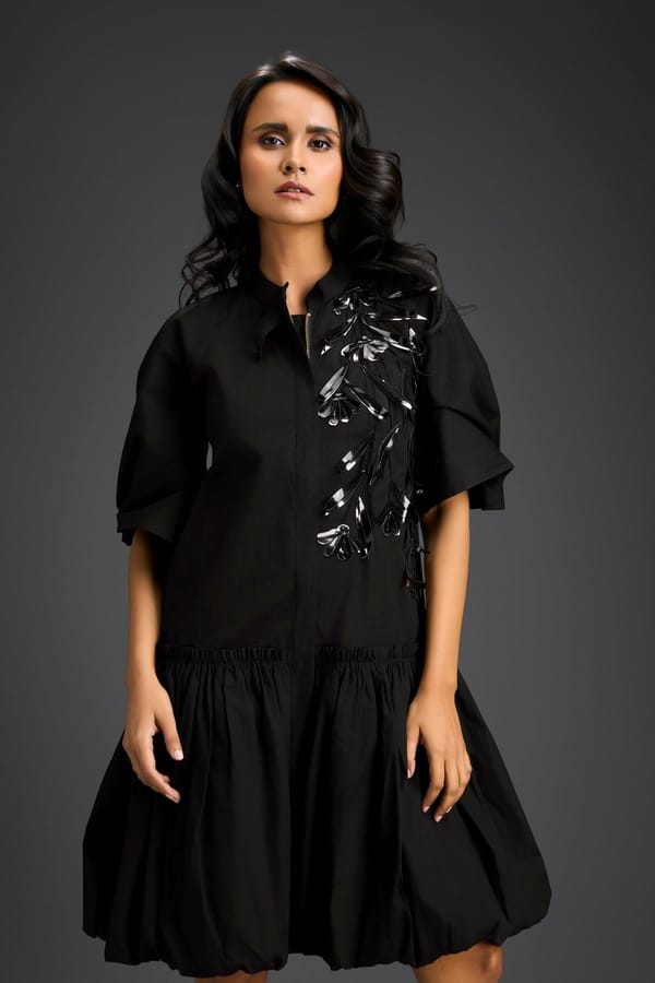 Black 3D Floral Embellished Puff Sleeve Dress — Deepika Arora