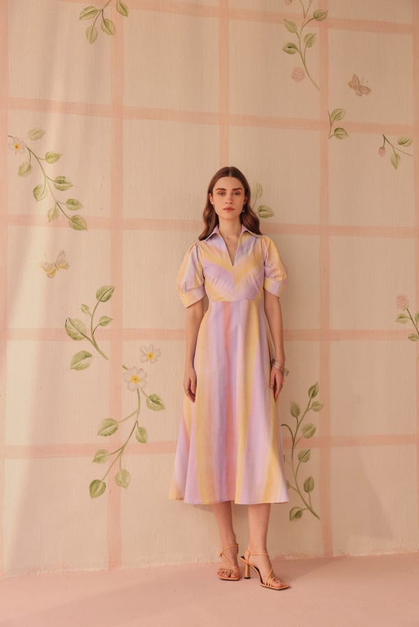 Pastel Striped Cotton Satin Puff Sleeve Midi Dress — Sage by Mala