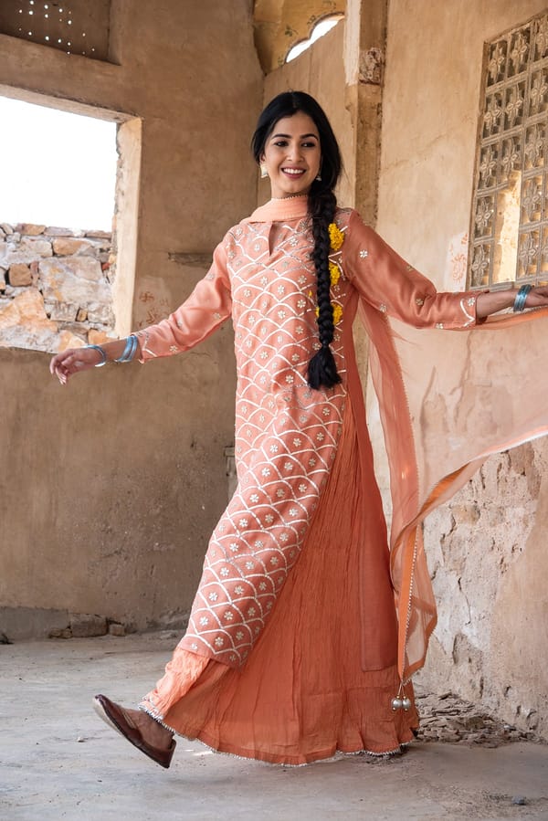 Peach Cinnamon Gota Work Chanderi Suit Set — Kameez