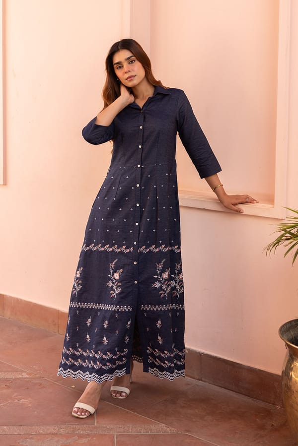 Ziya Floral Embroidered Denim Dress — INCHING INDIA