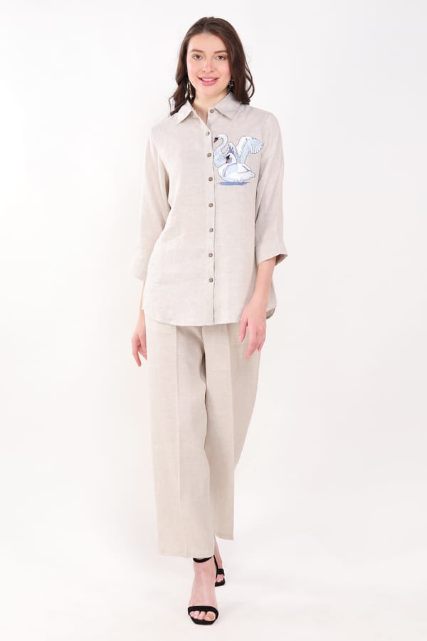 Beige Linen Shirt with Swan Embroidery — Linen Bloom