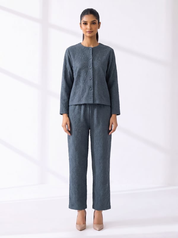 Grey Textured Co-ord Set with Button-Front Top — Pleats by Aruni