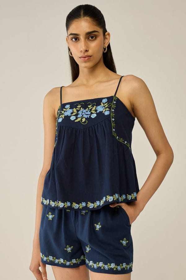 Navy Embroidered Blouse & Shorts Co-ord Set — Move About Effortlessly