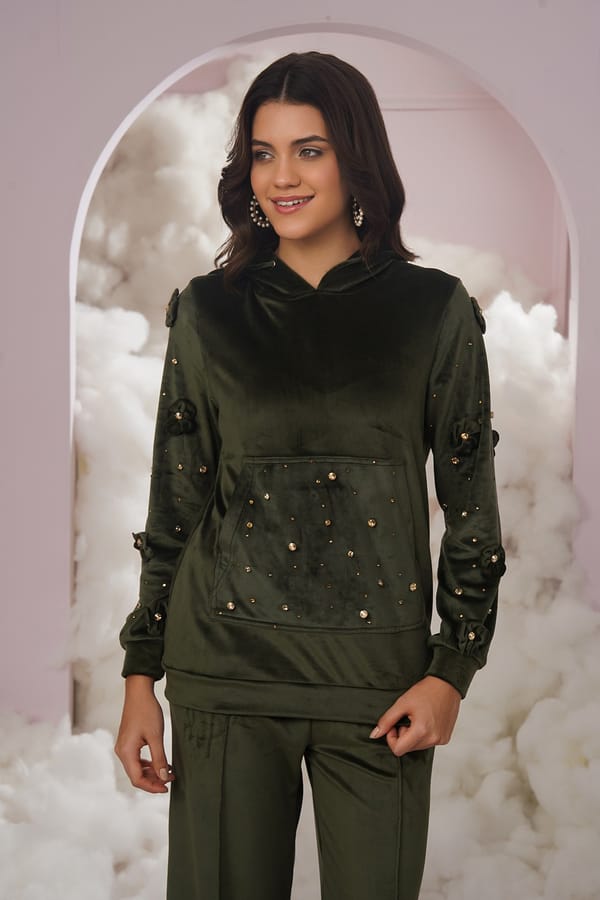 Olive Velvet Embellished Pullover Hoodie — Chöjé