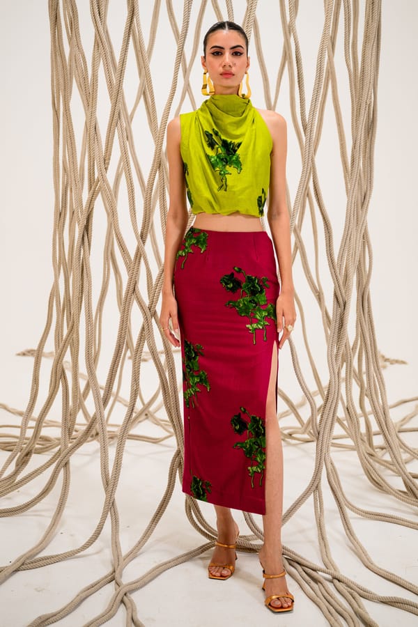 Neon Green Cowl Neck Crop Top and Pink Slit Skirt Set — The Dramebaaz Company