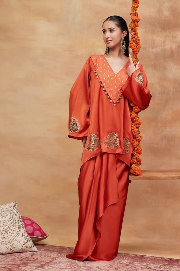 Rust Kaftan Kurta and Draped Maxi Skirt Co-ord Set — DAREISS