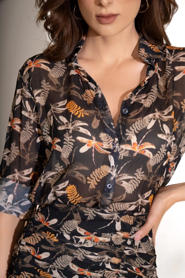 Black/Rust Printed Oversized Georgette Shirt — Torqadorn