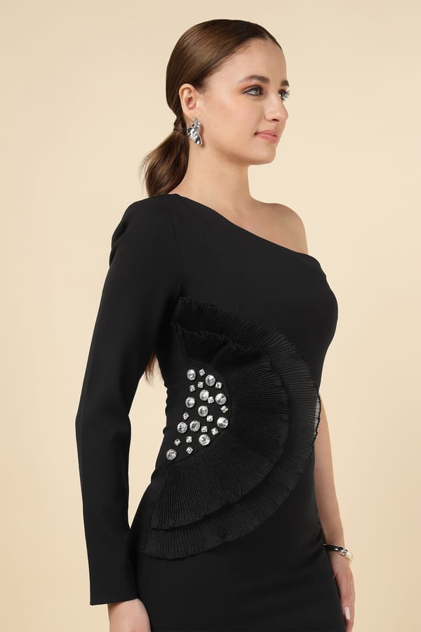 Black One-Shoulder Bodycon Midi Dress with Crystal Detail — EXPLOSION