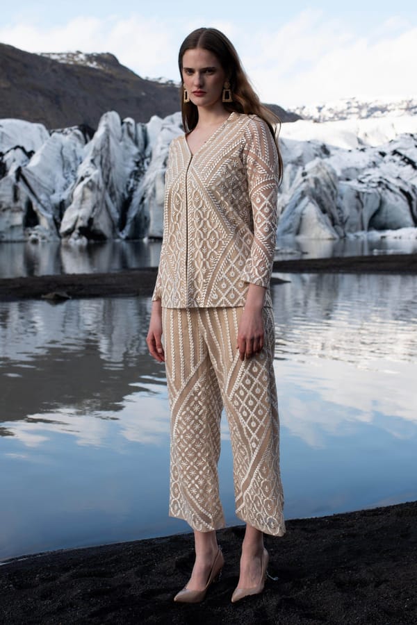 White on Nude Taupe Embroidered Wide-Leg Trousers — Dash and Dot