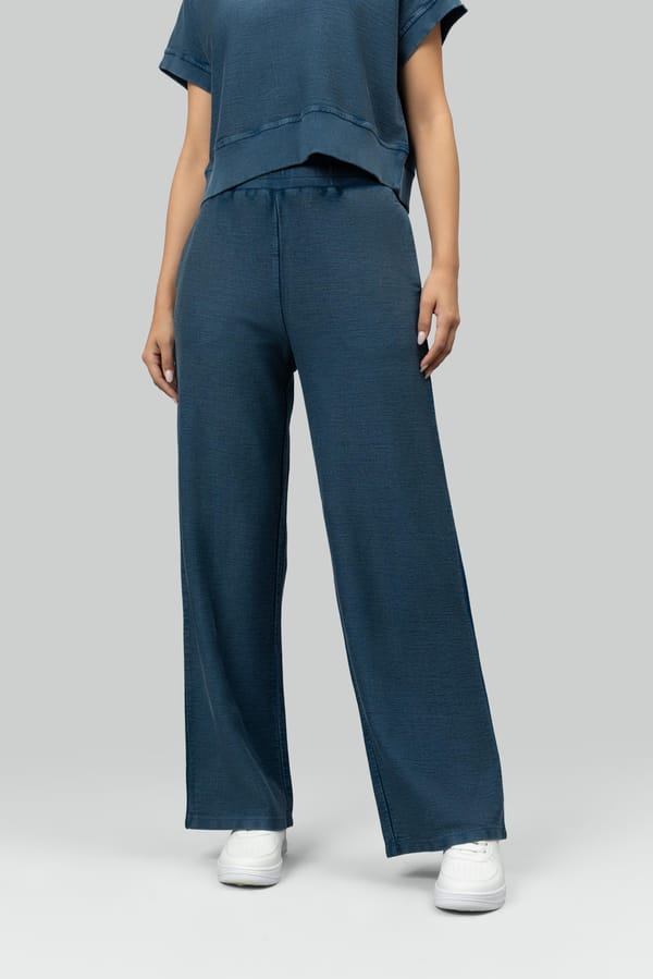 Blue Wide-Leg Cotton Terry Drawstring Travel Pants — Necesera