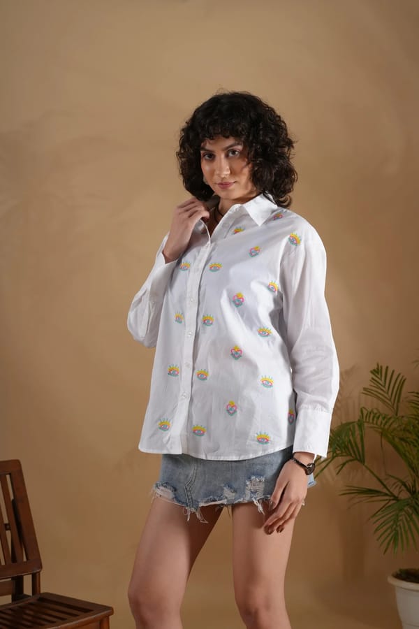White Cotton Evil Eye Embroidered Comfort-Fit Shirt — Brand New Brand