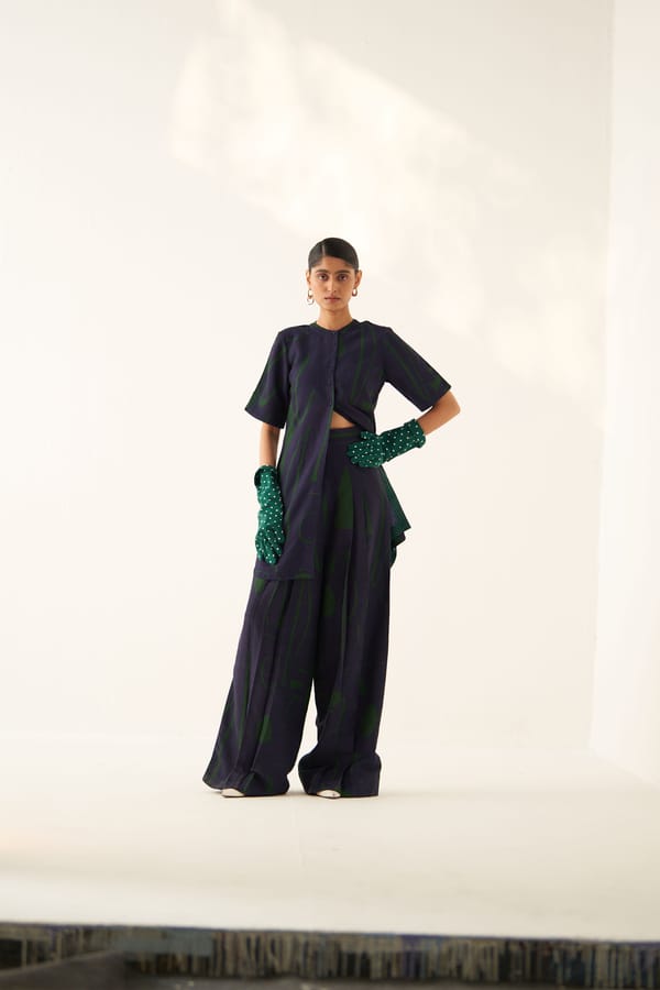 Navy and Green Abstract Print Mandarin Collar Button Top — Ofrida