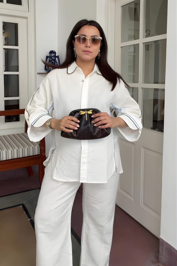 White Cotton-Linen Anti-Fit Shirt with Back Embroidery — Our Love