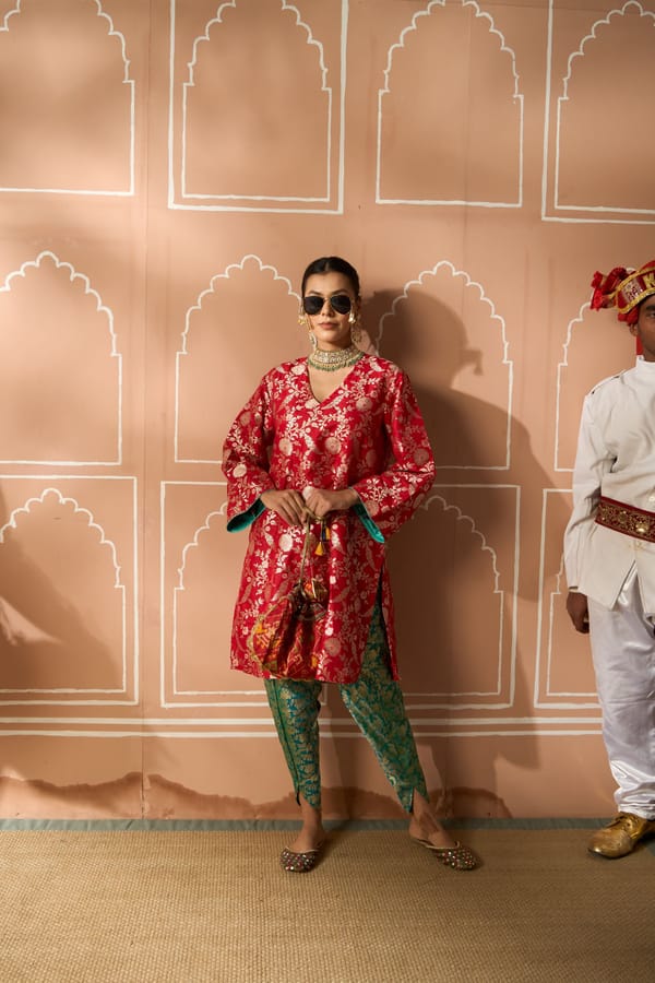 Red and Green Brocade Silk Tunic and Pant Co-ord Set — TASUVURE