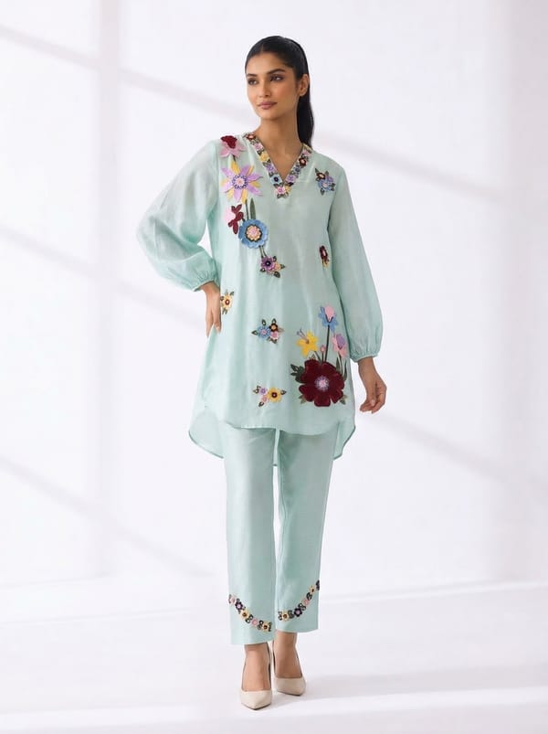 Aqua Embroidered Tunic and Cigarette Pants Co-ord Set — RUCHIKA MALLIKA LABEL