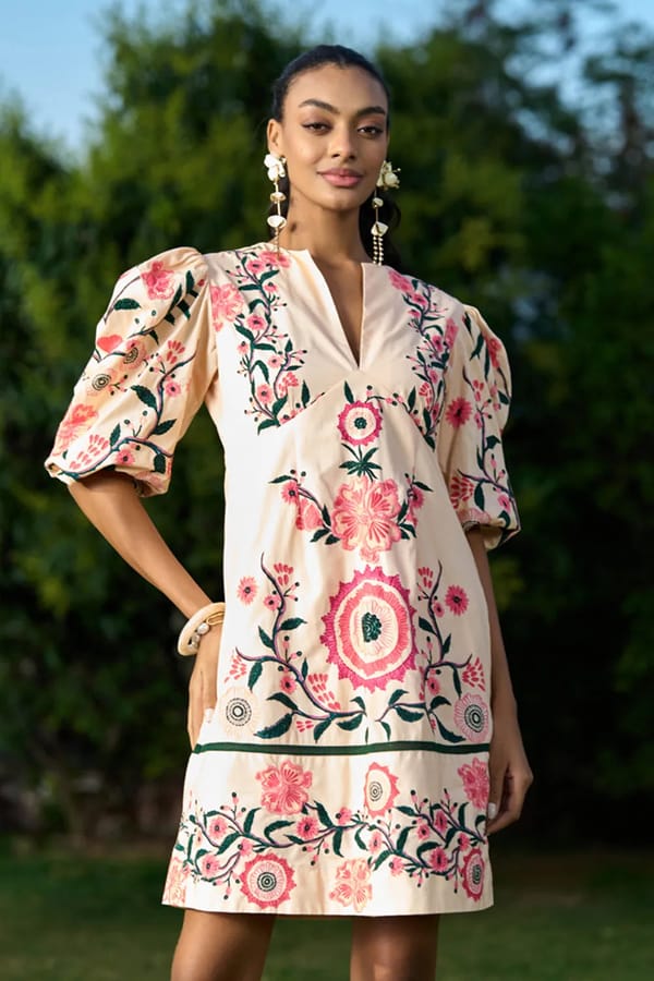 Cream Cotton Embroidered Puff Sleeve Mini Dress — VERB