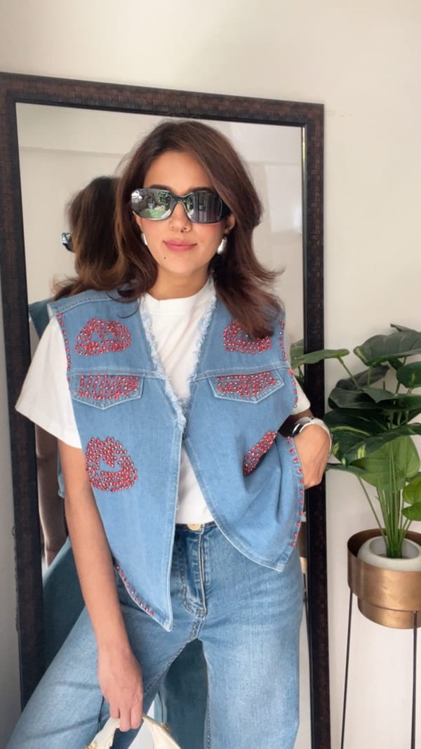 Red Studded Lips Denim Gilet — CLOSET AFFAIR