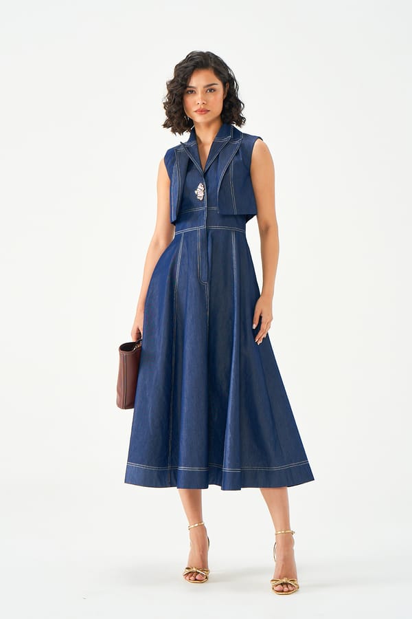 Blue Denim Fit and Flare Midi Dress with Lapel Collar — NOTEBOOK