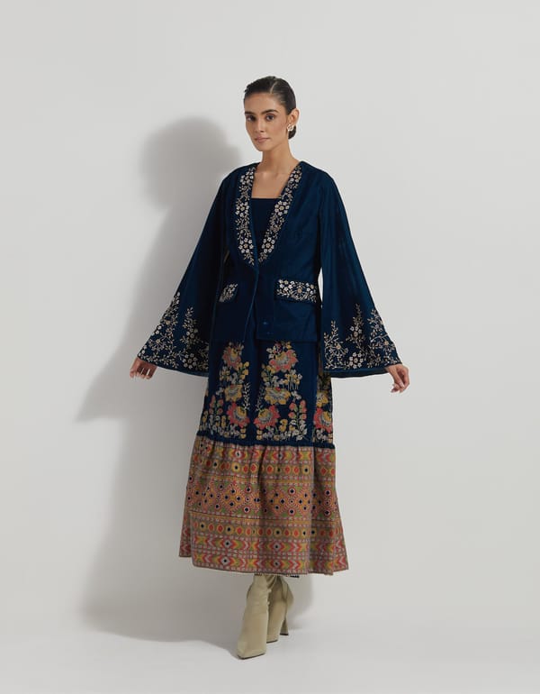 Teal Velvet Jacket, Bustier and Maxi Skirt Co-ord Set — Kavita Bhartia