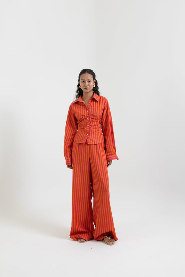 Orange and Pink Striped Tapered Waist Button-Up Shirt — Label Sugar