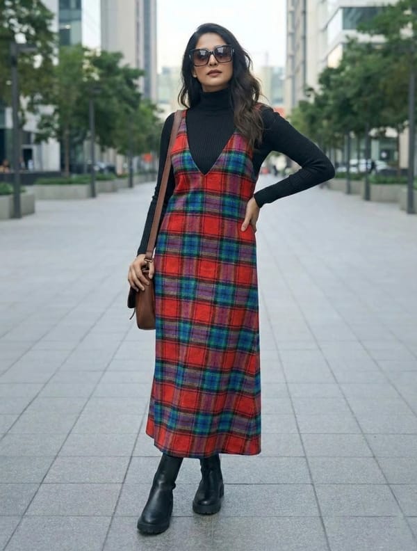 Red Blue Check Sleeveless A-Line Woollen Dress — Truebrowns