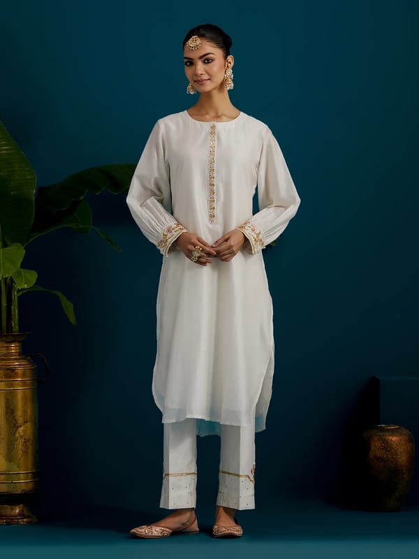 Ivory Silk Chanderi Embroidered Kurta and Pant Set — Anantaa