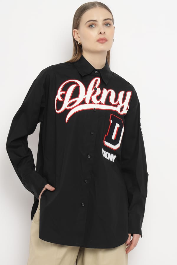 Black Oversized Button-Up Shirt with Varsity Logo Applique — DKNY