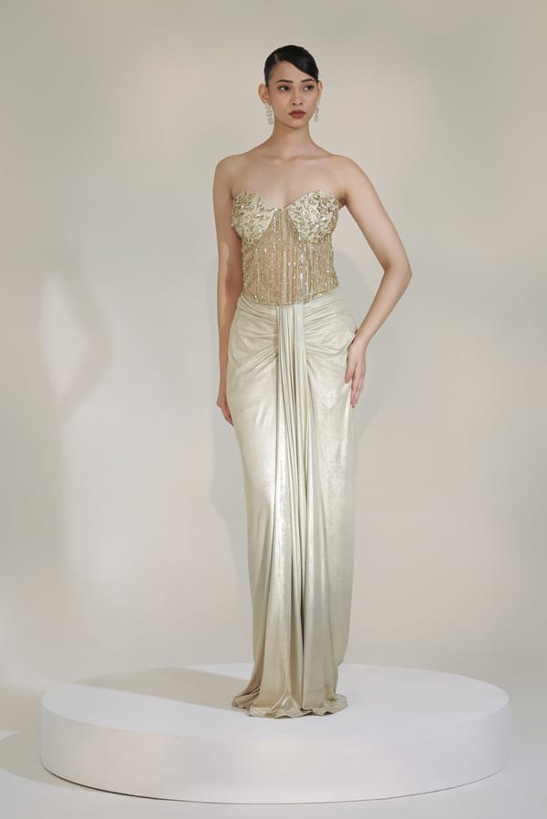 Champagne Corset Dhoti Set — LIBAS CAFE