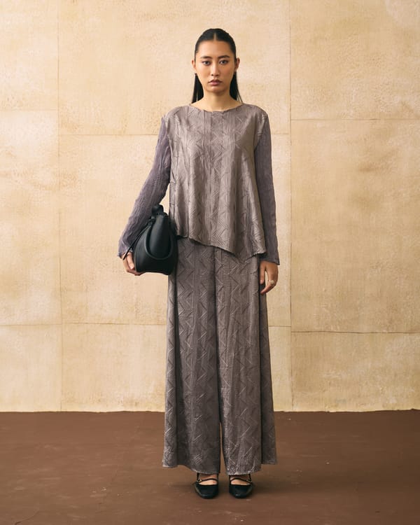 Grey Textured Co-ord Set with Boxy Top and Wide-Leg Pants — Pleats by Aruni