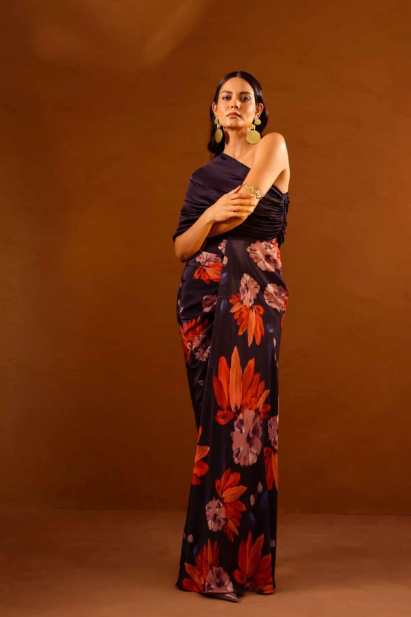 Multicolor One-Shoulder Floral Maxi Gown with Slit — STUDIO SURBHI