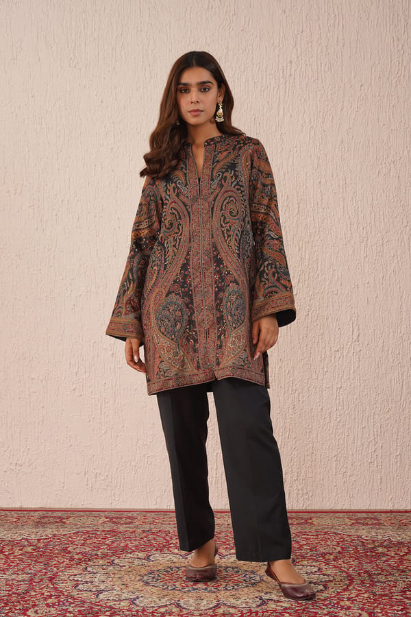 Black Wool Blend Paisley Printed Kurta Set — INCHING INDIA