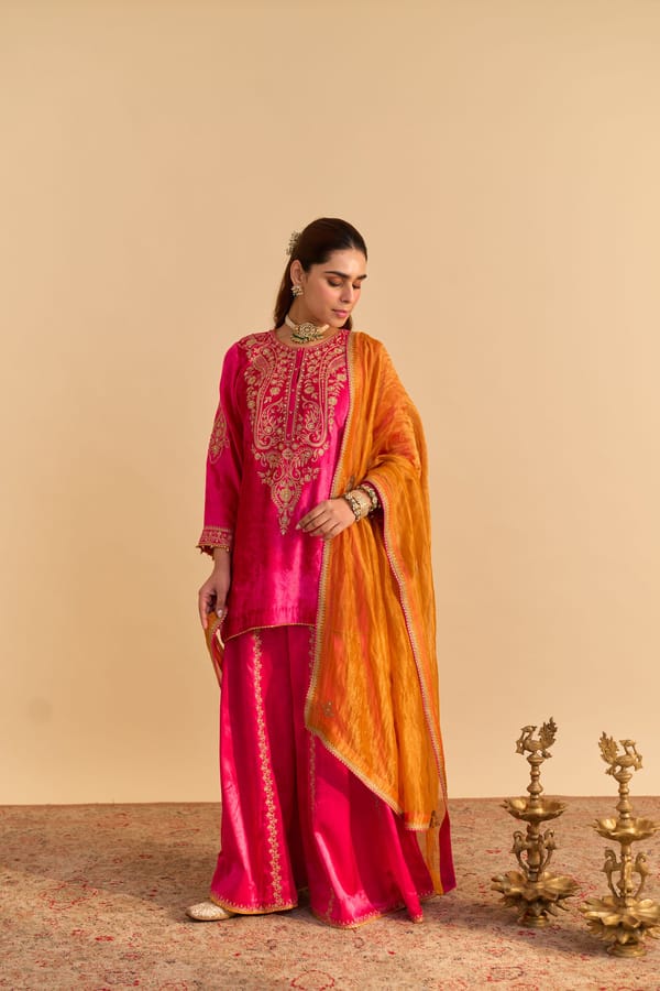 Hotpink Velvet Silk Embroidered Kurta Set with Dupatta — Sheetal Batra