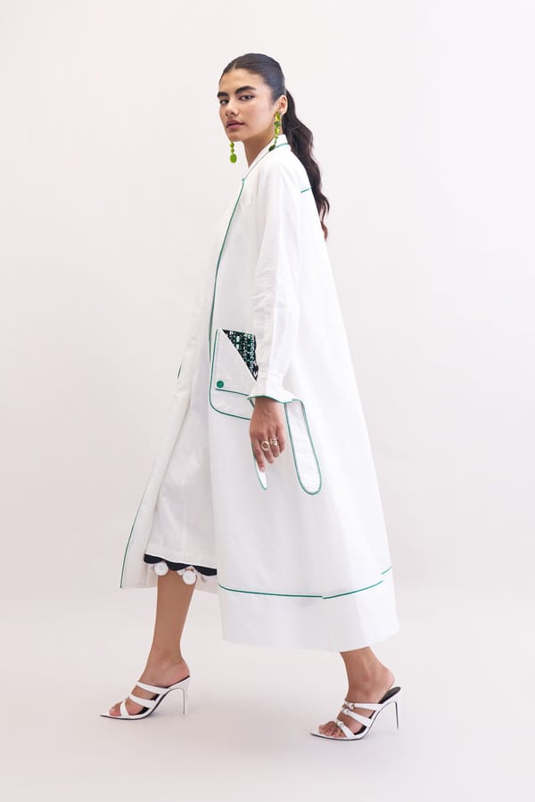 White Linen Front-Open Trench Jacket with Embroidered Pockets — Our Love
