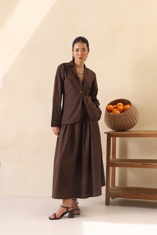 Brown Cotton Poplin Blazer and Maxi Skirt Co-ord Set — Olavi