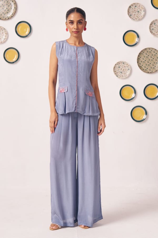 Slate Blue Sleeveless Top & Wide-Leg Pants Co-Ord Set — Western Era