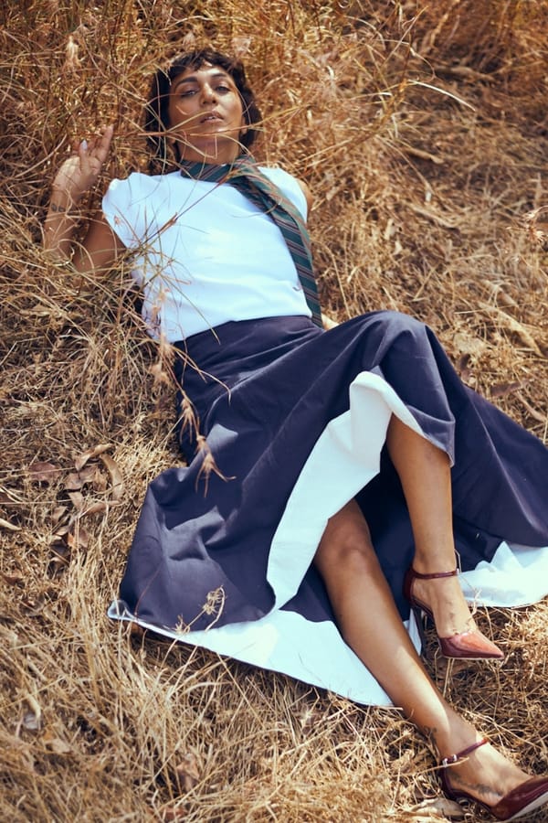 Navy Blue High-Waist High-Low Flared Midi Skirt — Unrush