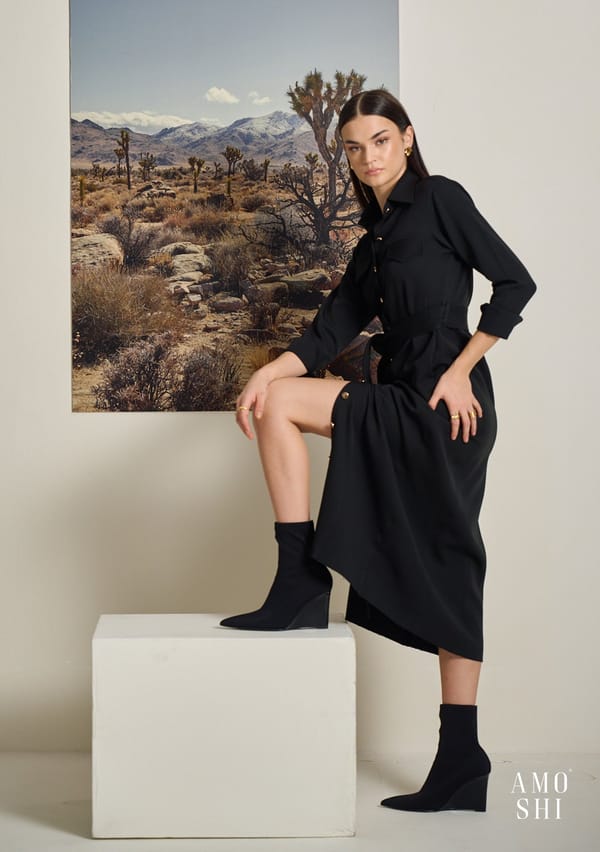 Black Trench-Inspired Button-Front Midi Shirt Dress — AMOSHI