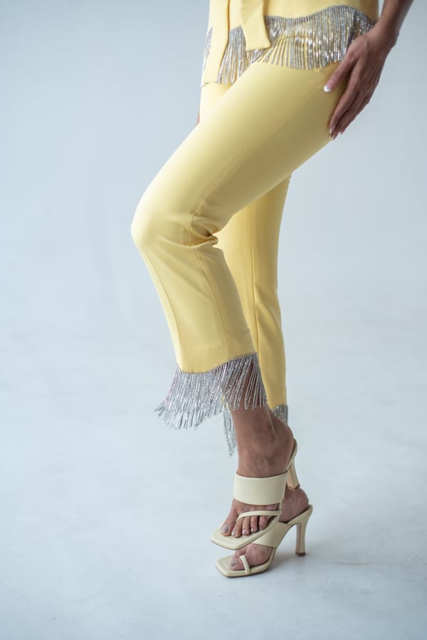 Lemon Yellow Rhinestone Fringe High-Waist Trousers — MAGIA