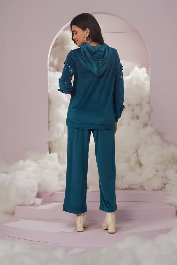 Teal Blue Velvet Wide-Leg Pull-On Trousers — Chöjé